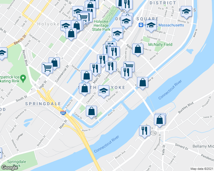 map of restaurants, bars, coffee shops, grocery stores, and more near 185 Clemente Street in Holyoke