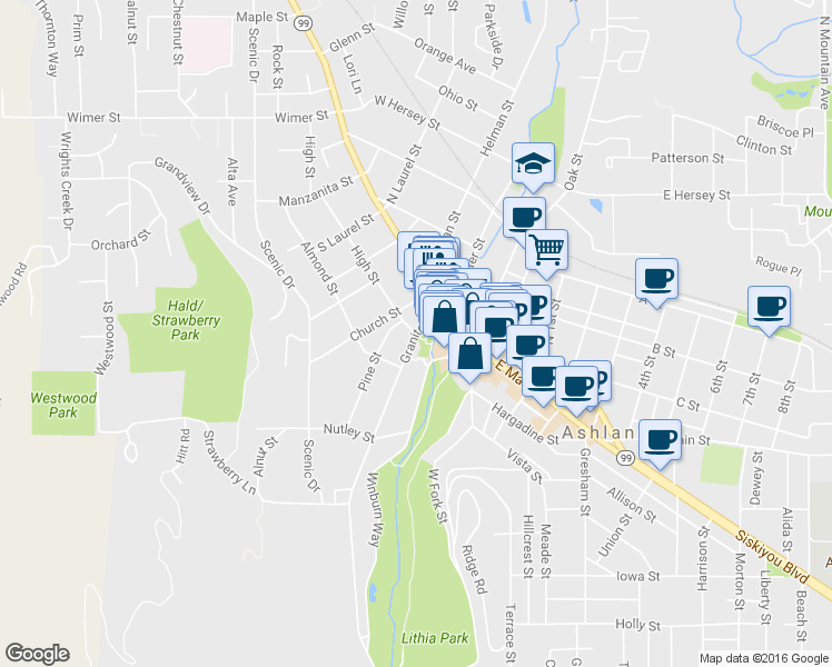 map of restaurants, bars, coffee shops, grocery stores, and more near Granite St & High St in Ashland