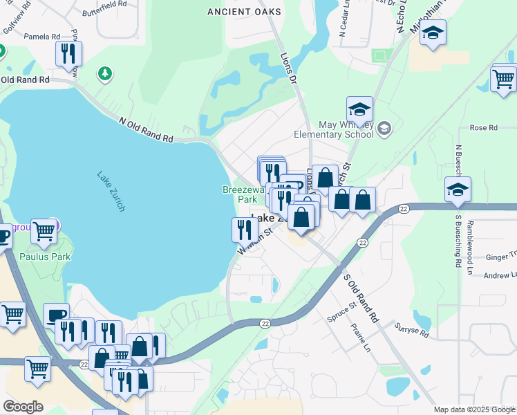 map of restaurants, bars, coffee shops, grocery stores, and more near 125 North Old Rand Road in Lake Zurich