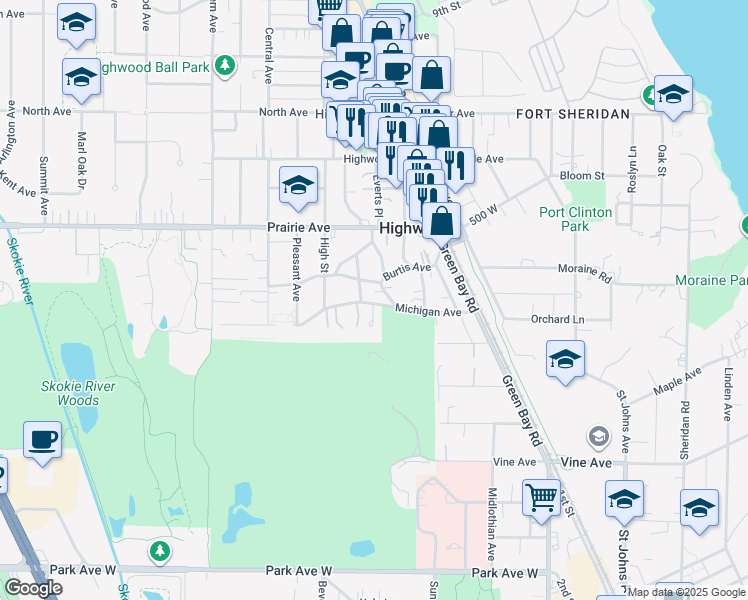 map of restaurants, bars, coffee shops, grocery stores, and more near 51 Maple Avenue in Highwood