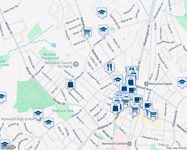 map of restaurants, bars, coffee shops, grocery stores, and more near 10 High Street in Norwood
