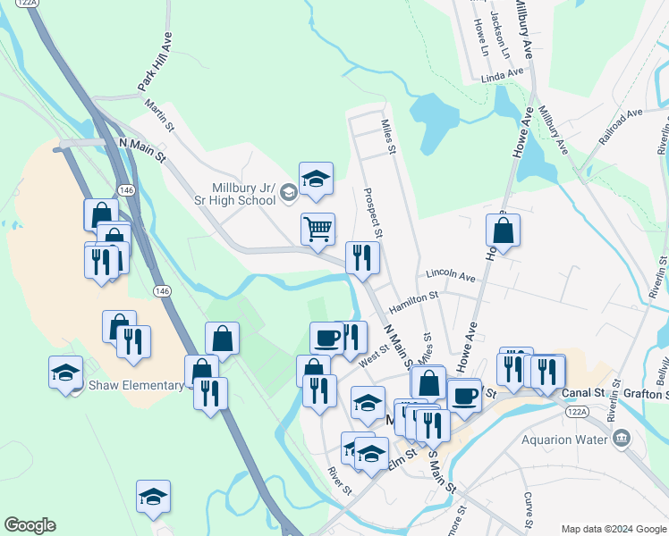 map of restaurants, bars, coffee shops, grocery stores, and more near 111 Main Street in Millbury