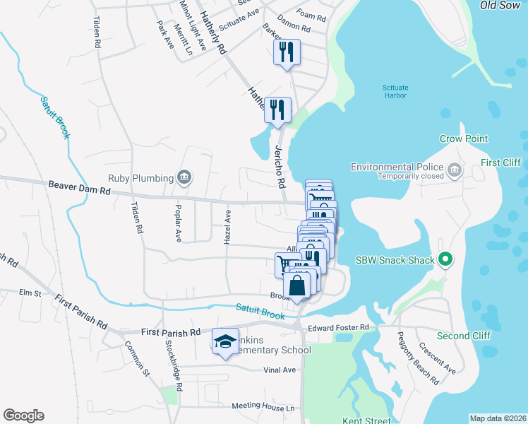 map of restaurants, bars, coffee shops, grocery stores, and more near 28 Beaver Dam Road in Scituate