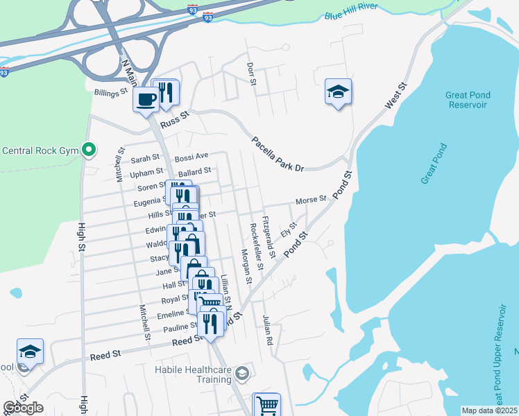 map of restaurants, bars, coffee shops, grocery stores, and more near 57 Rockefeller Street in Randolph