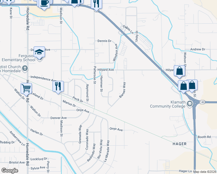 map of restaurants, bars, coffee shops, grocery stores, and more near 3137 Hammer Street in Klamath Falls