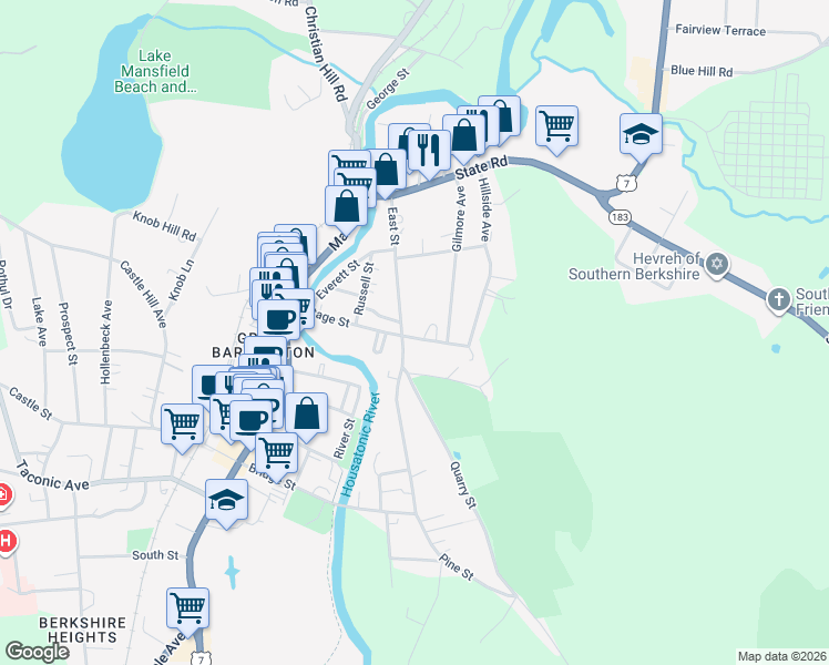 map of restaurants, bars, coffee shops, grocery stores, and more near 99 East Street in Great Barrington