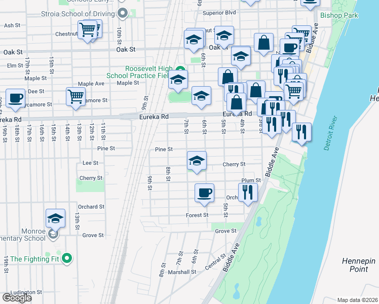 map of restaurants, bars, coffee shops, grocery stores, and more near 634 Pine Street in Wyandotte