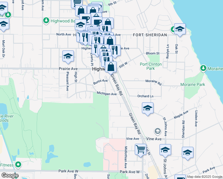 map of restaurants, bars, coffee shops, grocery stores, and more near 2476 Trillium Lane in Highland Park