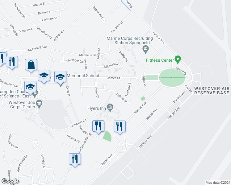 map of restaurants, bars, coffee shops, grocery stores, and more near Collins Street in Chicopee