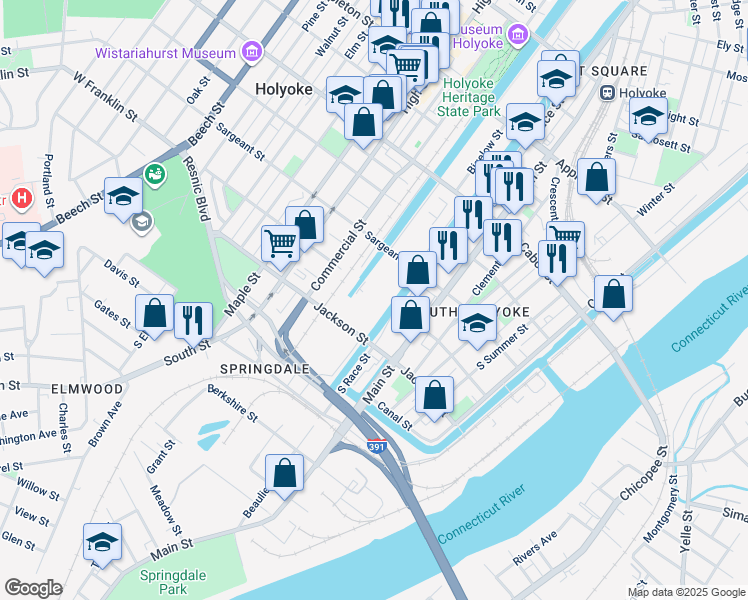 map of restaurants, bars, coffee shops, grocery stores, and more near 84-90 Sargeant Street Bridge in Holyoke