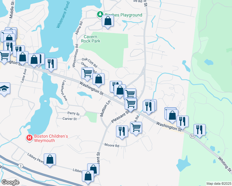 map of restaurants, bars, coffee shops, grocery stores, and more near 94 Mutton Lane in Weymouth