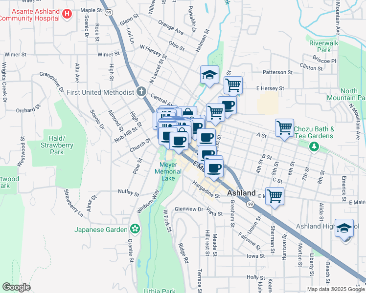 map of restaurants, bars, coffee shops, grocery stores, and more near 101 Oak Street in Ashland