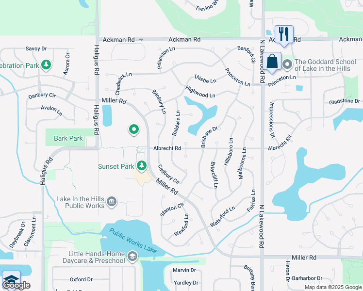 map of restaurants, bars, coffee shops, grocery stores, and more near 7 Arland Court in Lake in the Hills