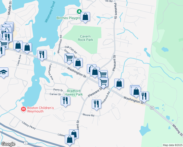 map of restaurants, bars, coffee shops, grocery stores, and more near 94 Mutton Lane in Weymouth