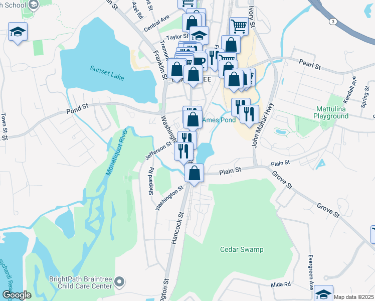 map of restaurants, bars, coffee shops, grocery stores, and more near 9 Hancock Avenue in Braintree