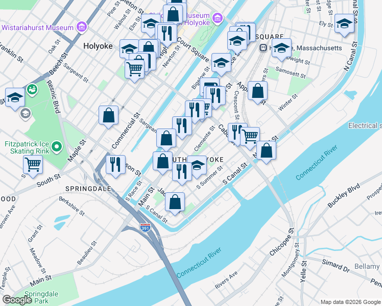 map of restaurants, bars, coffee shops, grocery stores, and more near 454 Main Street in Holyoke