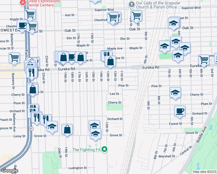 map of restaurants, bars, coffee shops, grocery stores, and more near 3399 14th Street in Wyandotte