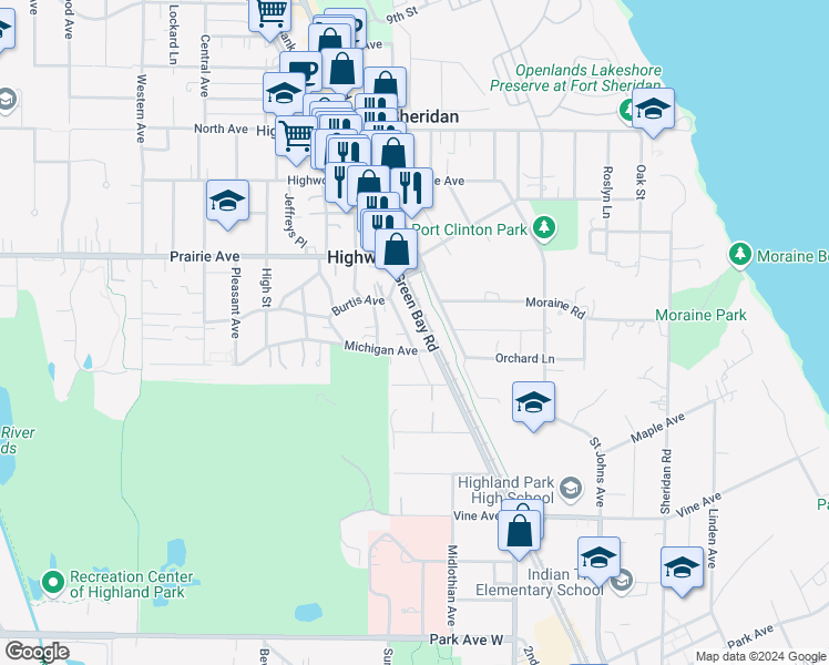 map of restaurants, bars, coffee shops, grocery stores, and more near 2502 Green Bay Road in Highland Park