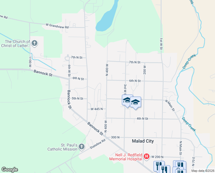 map of restaurants, bars, coffee shops, grocery stores, and more near 360 6th North Street in Malad City