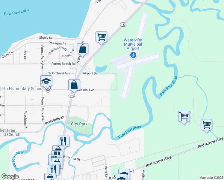 map of restaurants, bars, coffee shops, grocery stores, and more near East Baldwin Avenue in Watervliet
