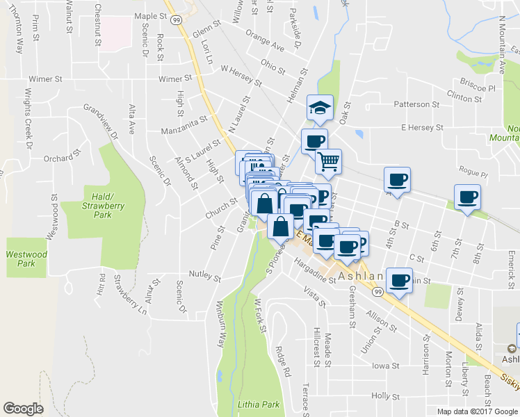 map of restaurants, bars, coffee shops, grocery stores, and more near 49 North Main Street in Ashland