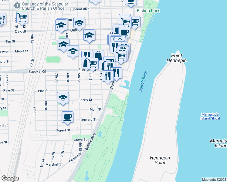 map of restaurants, bars, coffee shops, grocery stores, and more near 3509 Biddle Avenue in Wyandotte