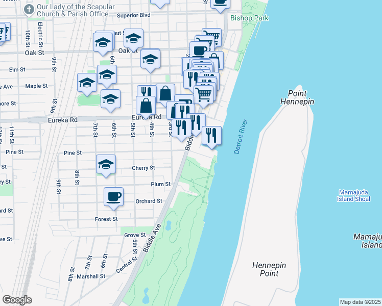 map of restaurants, bars, coffee shops, grocery stores, and more near 3509 Biddle Avenue in Wyandotte