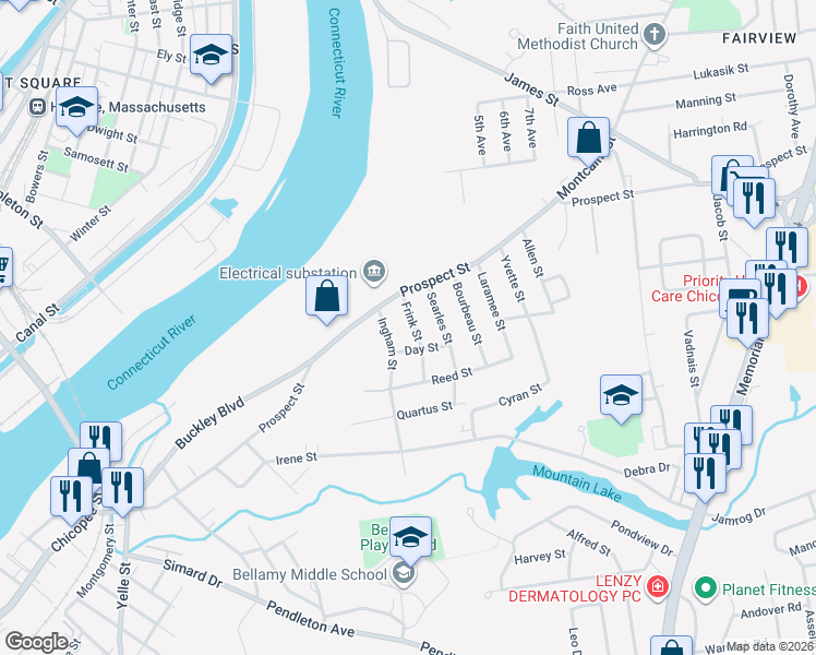 map of restaurants, bars, coffee shops, grocery stores, and more near 37 Frink Street in Chicopee