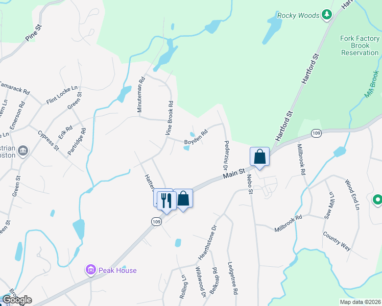 map of restaurants, bars, coffee shops, grocery stores, and more near 15 Boyden Road in Medfield