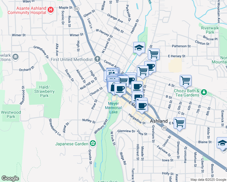 map of restaurants, bars, coffee shops, grocery stores, and more near 49 North Main Street in Ashland