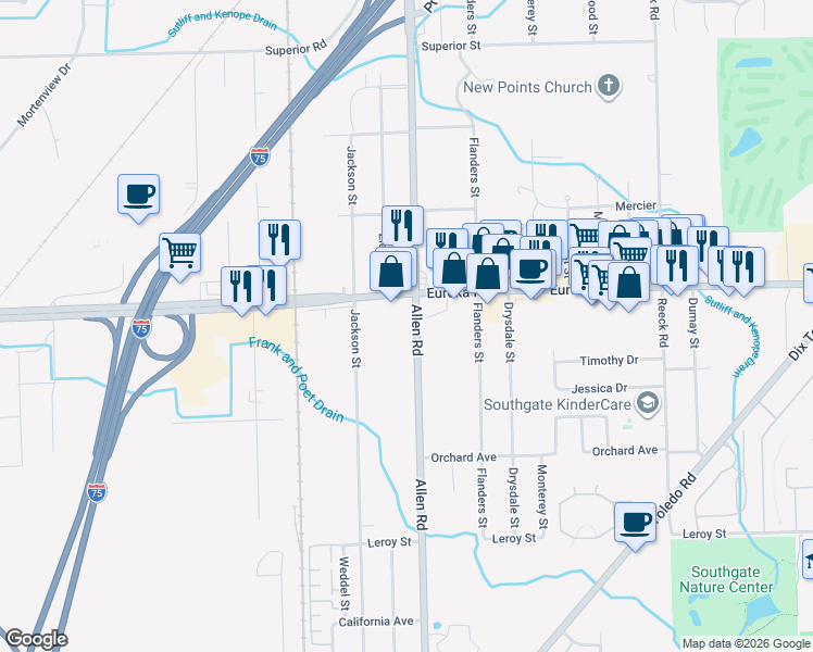 map of restaurants, bars, coffee shops, grocery stores, and more near 15100 Allen Road in Taylor