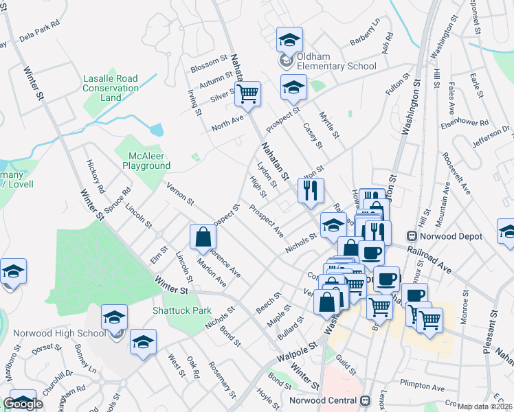 map of restaurants, bars, coffee shops, grocery stores, and more near 10 High Street in Norwood