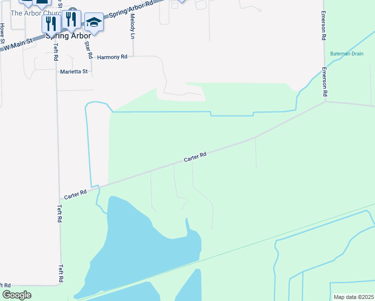 map of restaurants, bars, coffee shops, grocery stores, and more near 7100 Carter Road in Spring Arbor