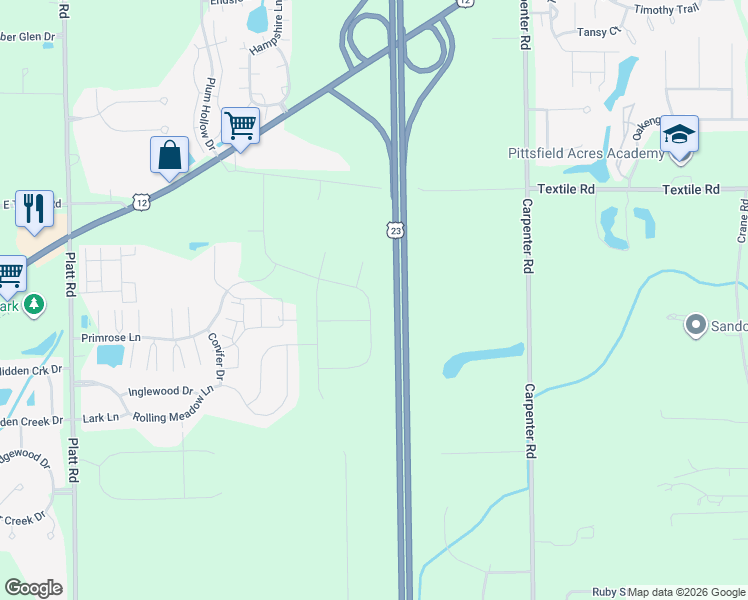 map of restaurants, bars, coffee shops, grocery stores, and more near U.S. 23 in Ypsilanti