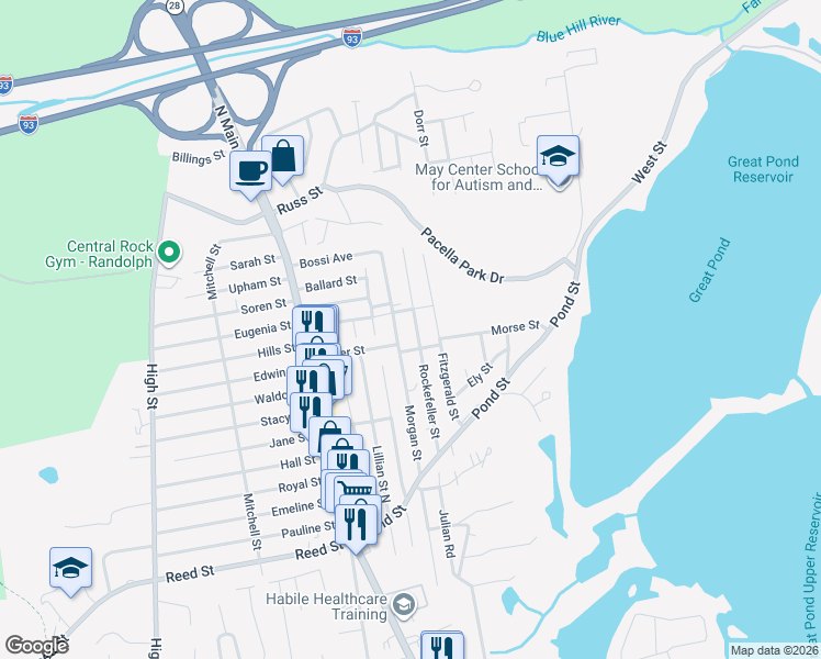 map of restaurants, bars, coffee shops, grocery stores, and more near 57 Rockefeller Street in Randolph