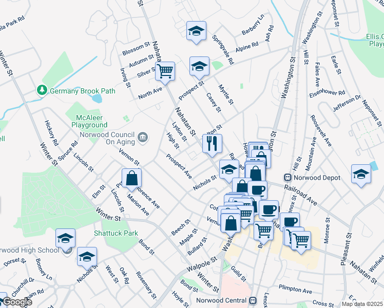 map of restaurants, bars, coffee shops, grocery stores, and more near 40 William Shyne Circle in Norwood