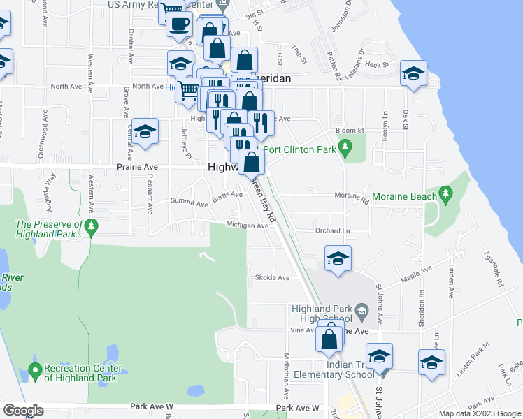 map of restaurants, bars, coffee shops, grocery stores, and more near 2502 Green Bay Road in Highland Park