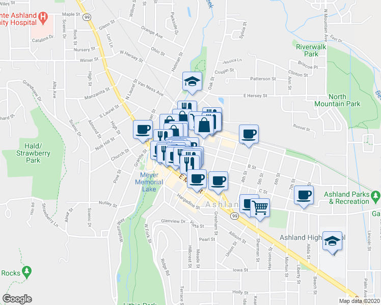 map of restaurants, bars, coffee shops, grocery stores, and more near 165 B Street in Ashland