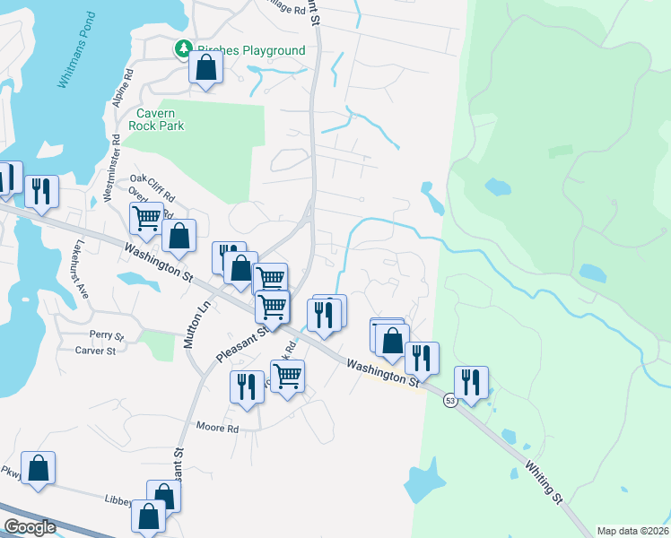 map of restaurants, bars, coffee shops, grocery stores, and more near 909 Pleasant Street in Weymouth