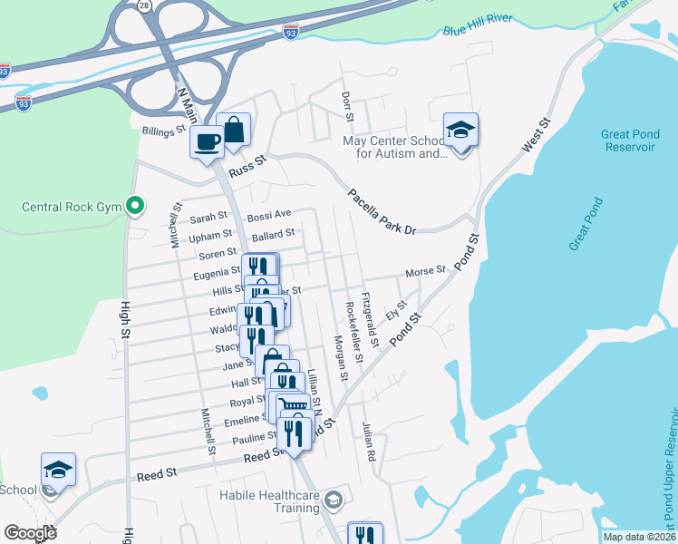 map of restaurants, bars, coffee shops, grocery stores, and more near 57 Rockefeller Street in Randolph