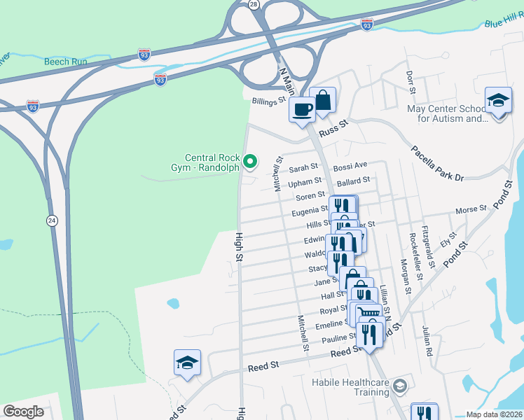 map of restaurants, bars, coffee shops, grocery stores, and more near 38 Soren Street in Randolph