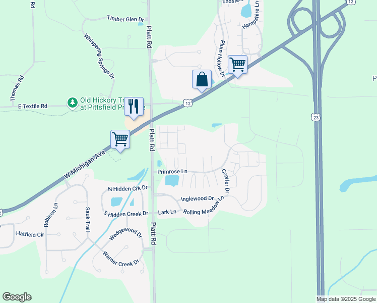 map of restaurants, bars, coffee shops, grocery stores, and more near 6381 Scoter Lane in Ypsilanti