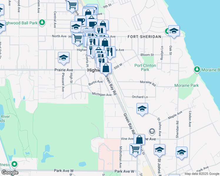 map of restaurants, bars, coffee shops, grocery stores, and more near 2502 Green Bay Road in Highland Park