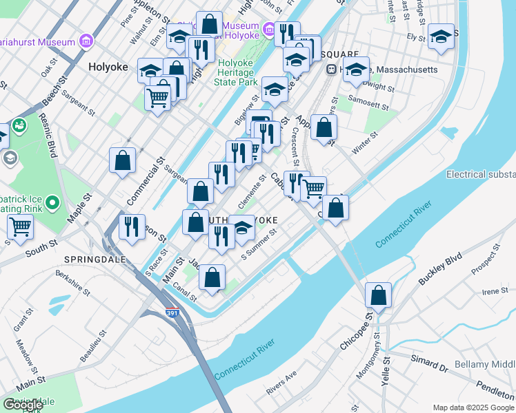 map of restaurants, bars, coffee shops, grocery stores, and more near 44-48 Hamilton Street in Holyoke