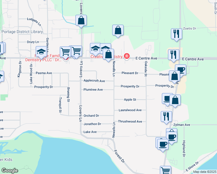 map of restaurants, bars, coffee shops, grocery stores, and more near 1611 Plumtree Avenue in Portage