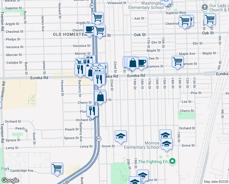 map of restaurants, bars, coffee shops, grocery stores, and more near 3409 22nd Street in Wyandotte