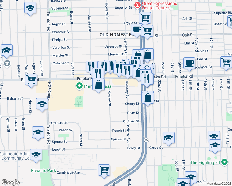 map of restaurants, bars, coffee shops, grocery stores, and more near 13120 Balsam Street in Southgate
