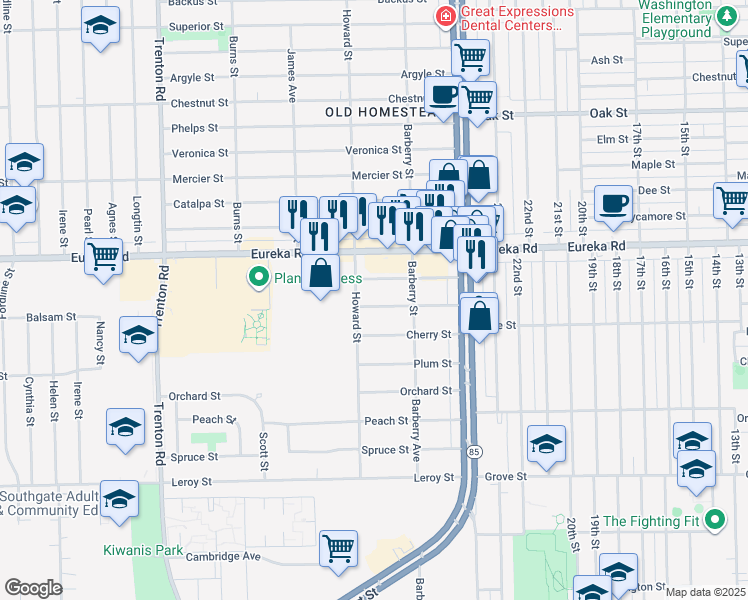 map of restaurants, bars, coffee shops, grocery stores, and more near 13120 Balsam Street in Southgate