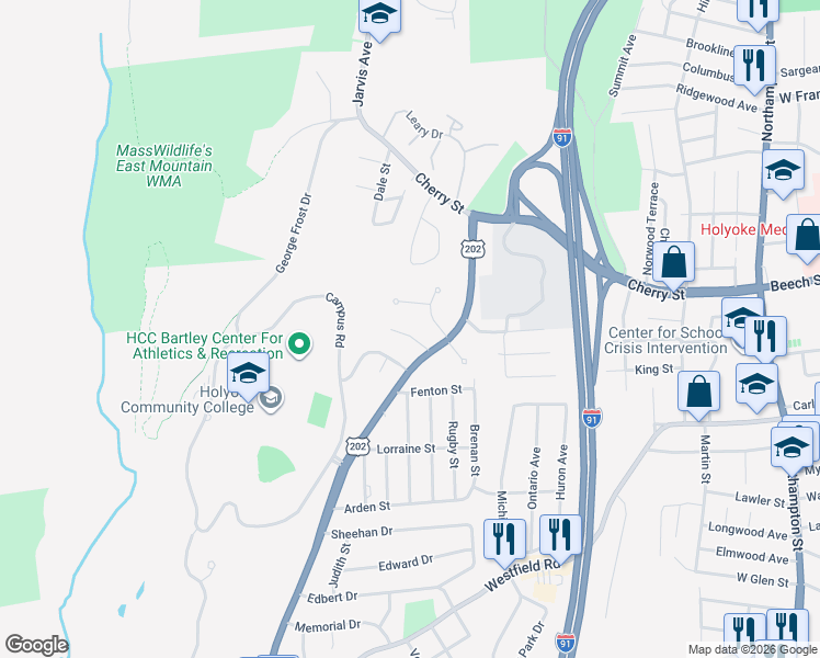 map of restaurants, bars, coffee shops, grocery stores, and more near 7 Philip Drive in Holyoke