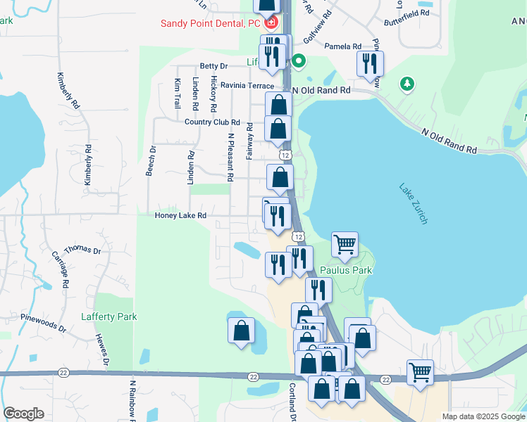 map of restaurants, bars, coffee shops, grocery stores, and more near 946 Honey Lake Road in Lake Zurich